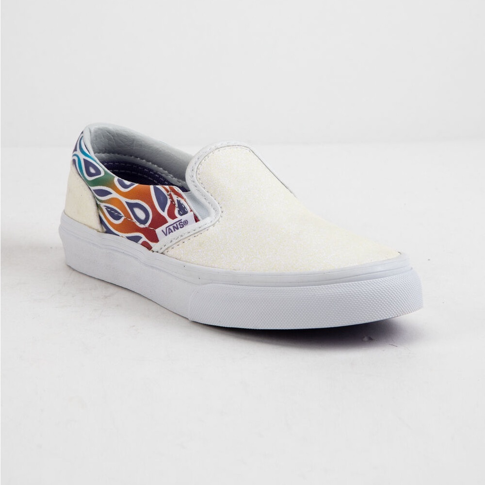 Vans Classic Slip-On Iridescent Sparkle Flame Rainbow White NWT